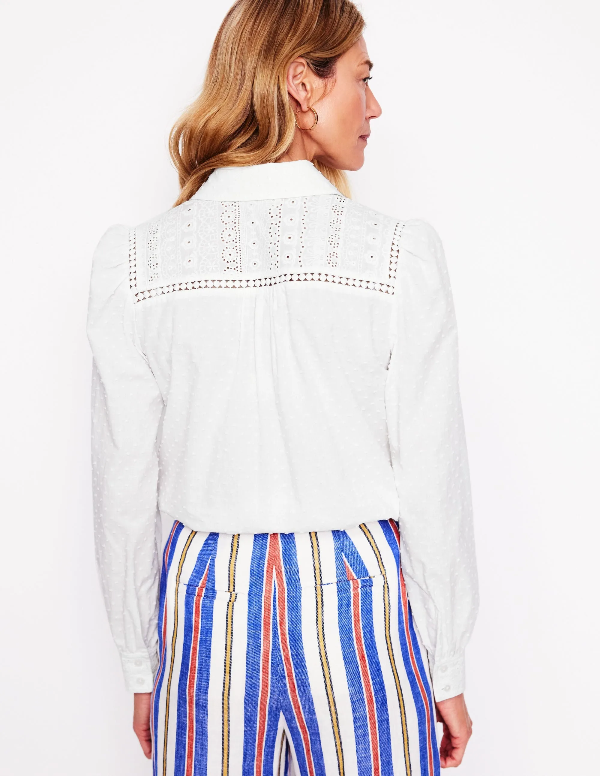 Broderie Contrast Yoke Shirt-White