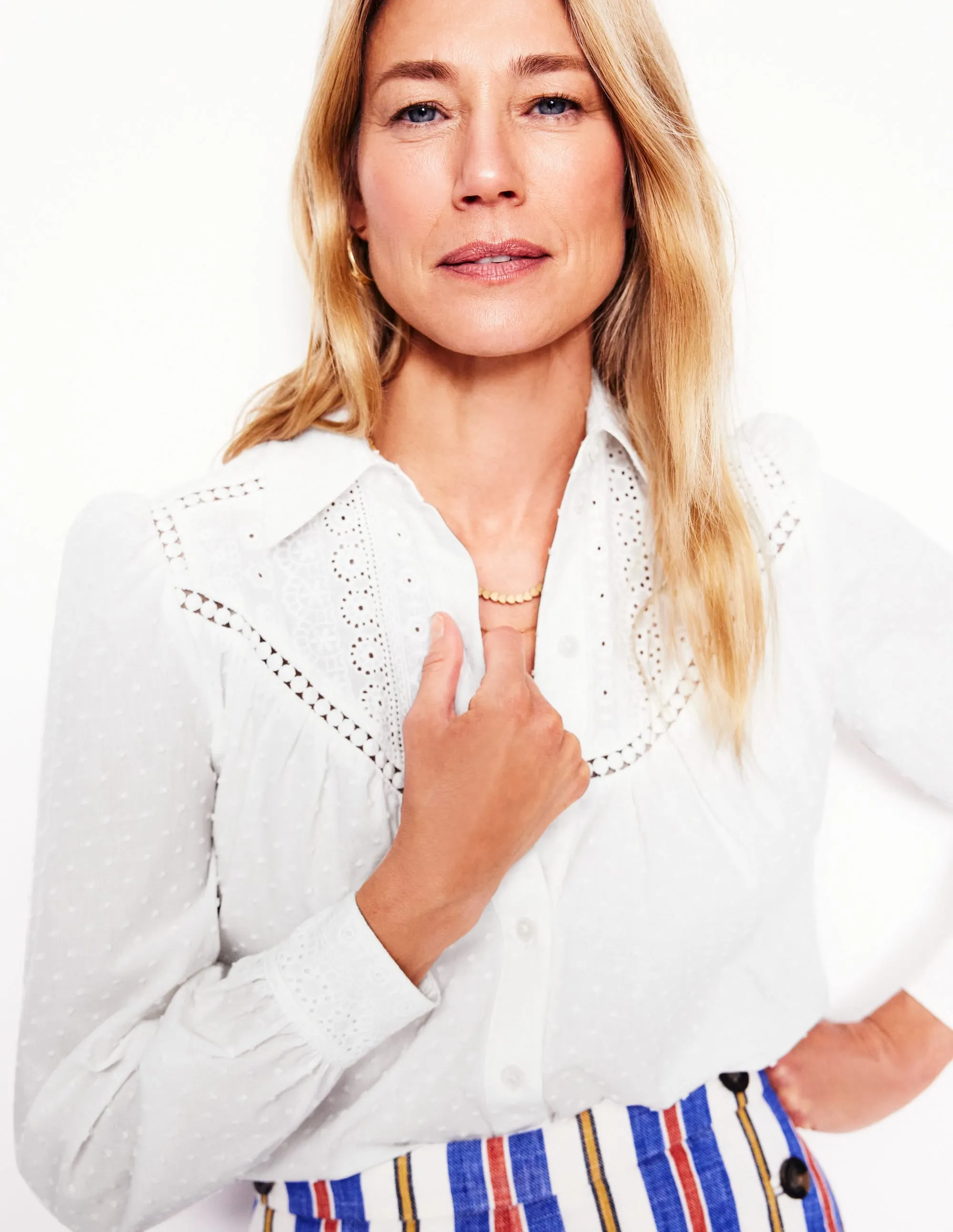 Broderie Contrast Yoke Shirt-White