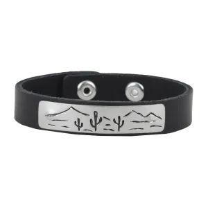 Cactus Landscape Silver Plate Leather Bracelet