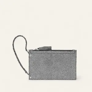 Clover Pouch | Black and White Shagreen with Silver hardware