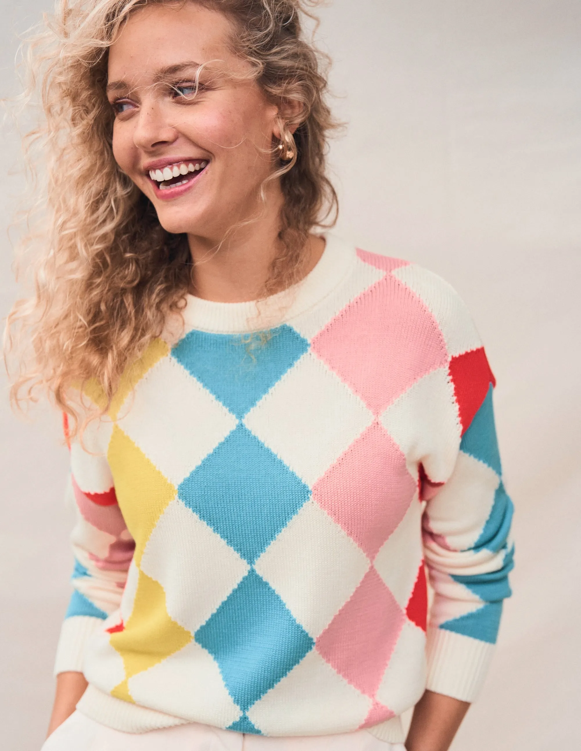 Cotton Argyle Jumper-Pink. Light Blue Argyle