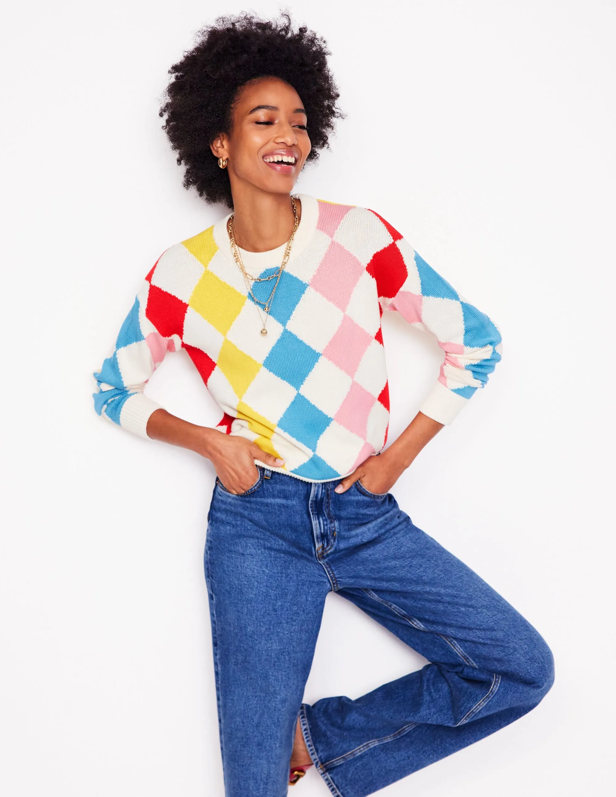 Cotton Argyle Jumper-Pink. Light Blue Argyle