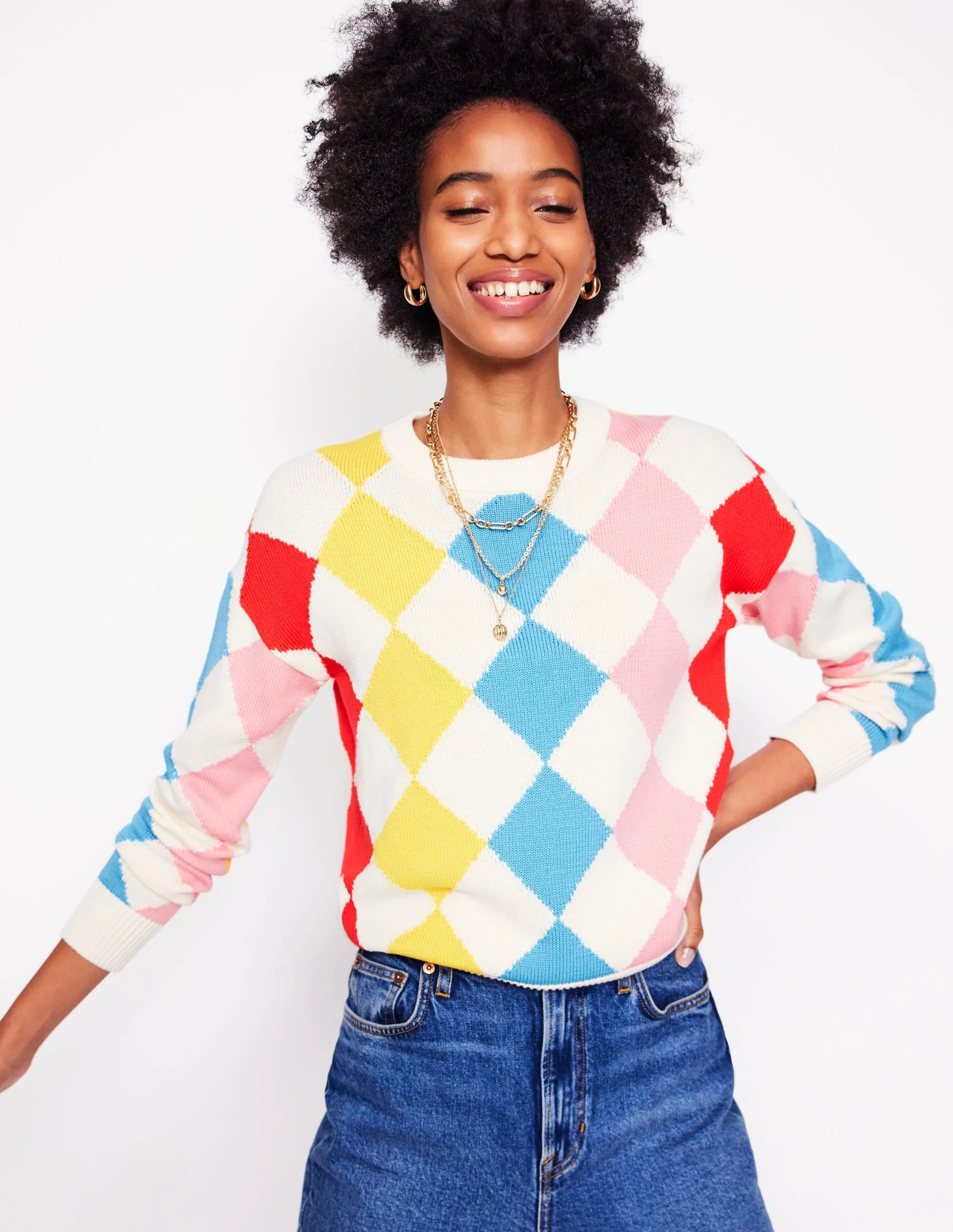 Cotton Argyle Jumper-Pink. Light Blue Argyle