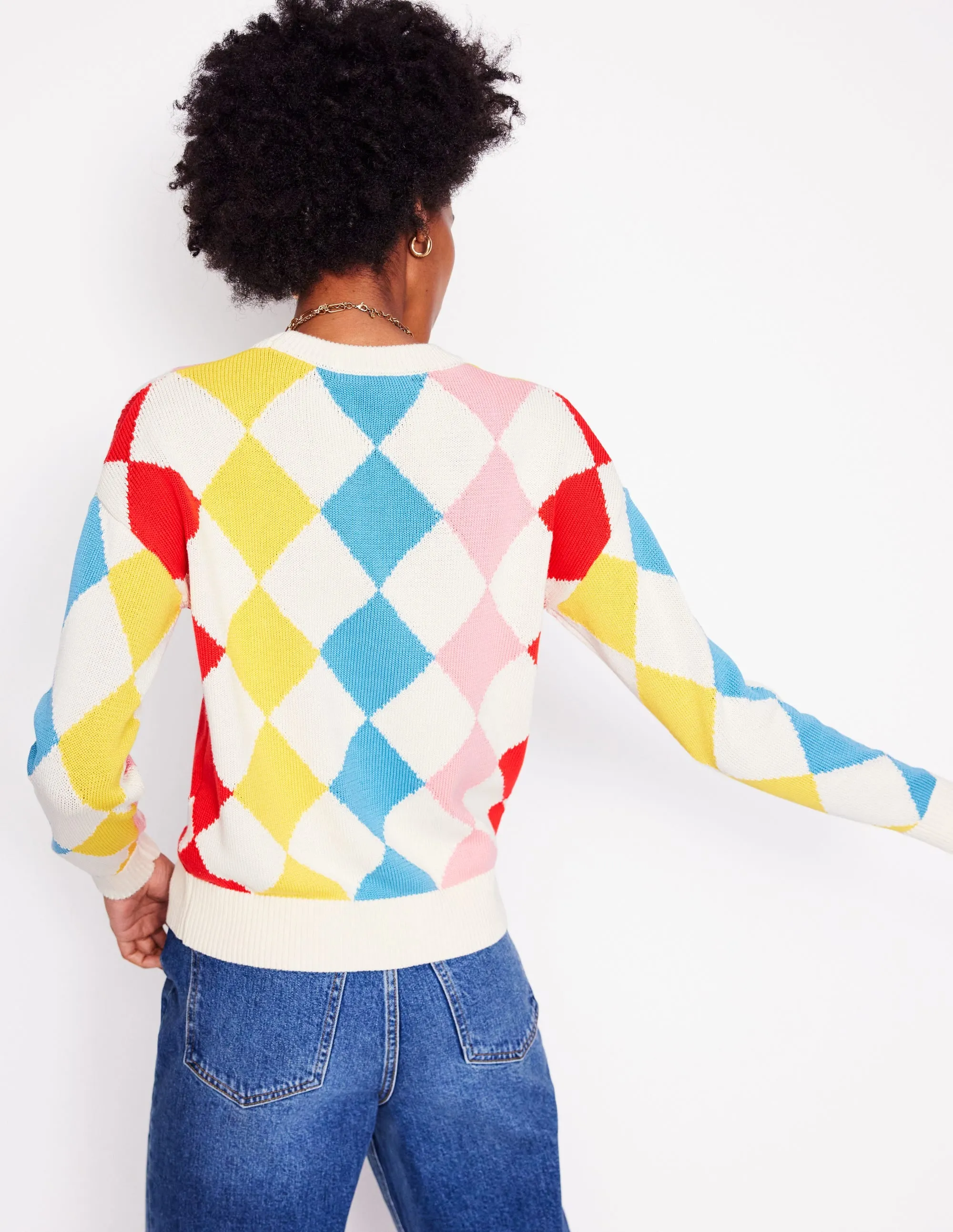 Cotton Argyle Jumper-Pink. Light Blue Argyle