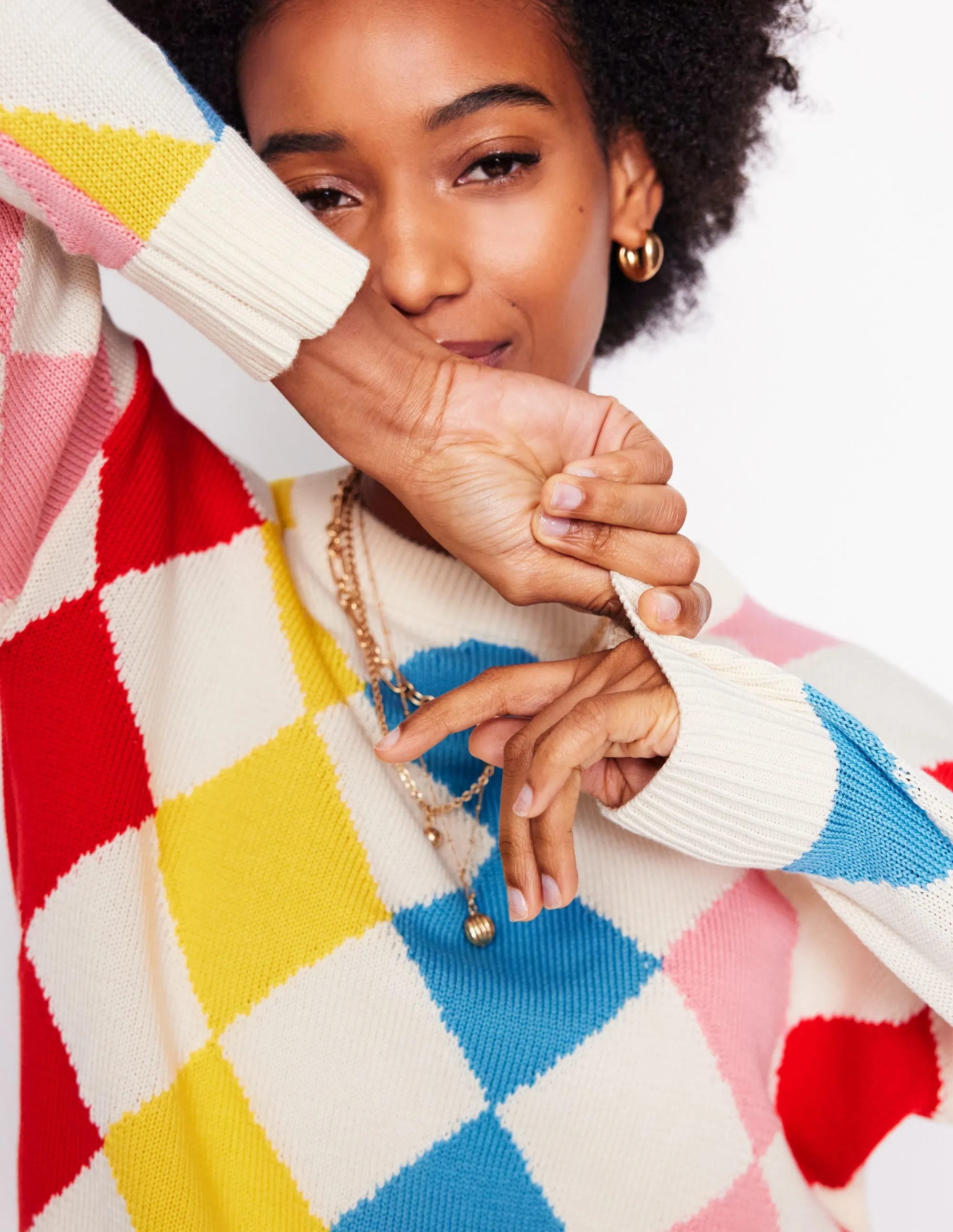 Cotton Argyle Jumper-Pink. Light Blue Argyle