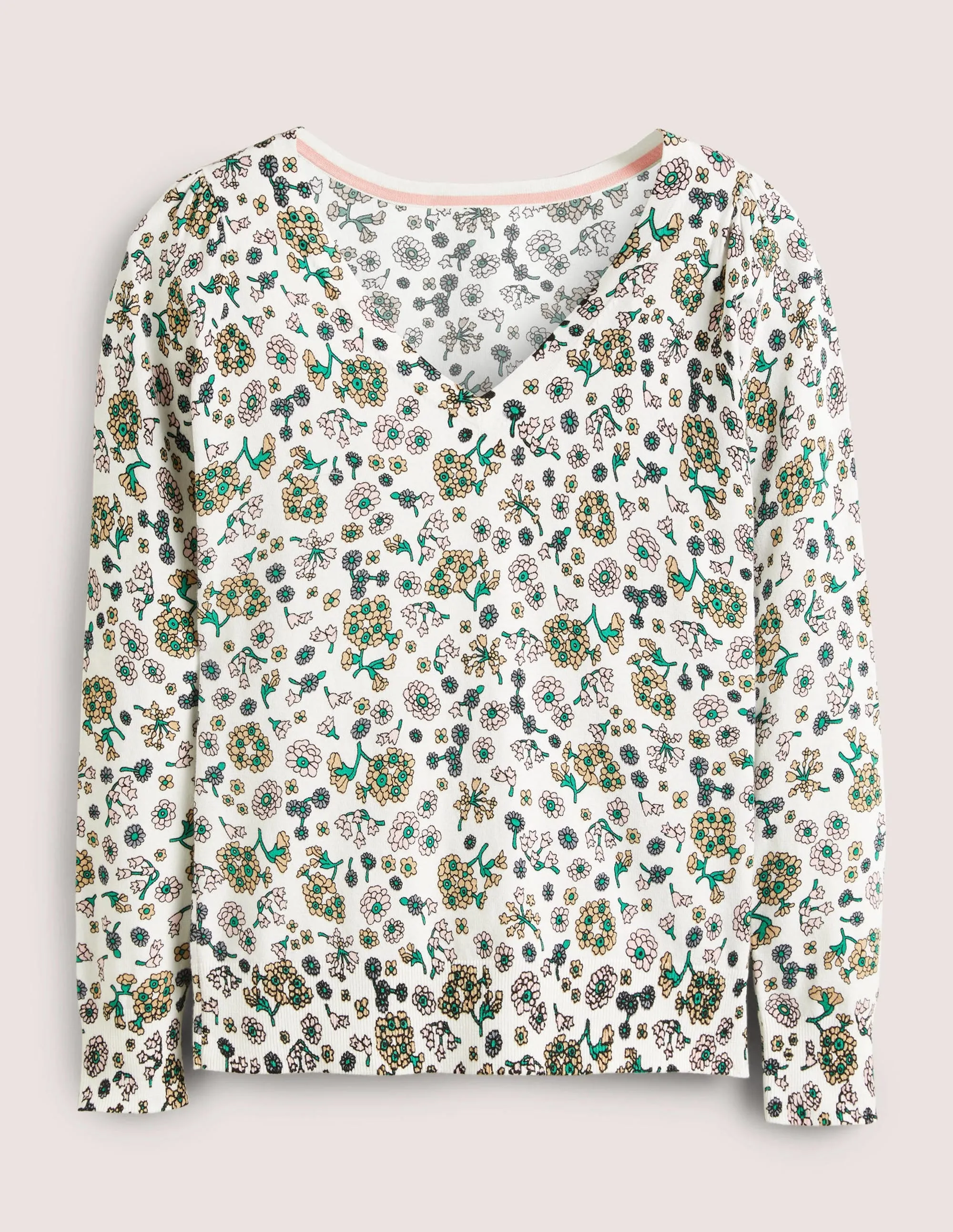 Cotton V-Neck Jumper-Ivory. Ditsy Charm