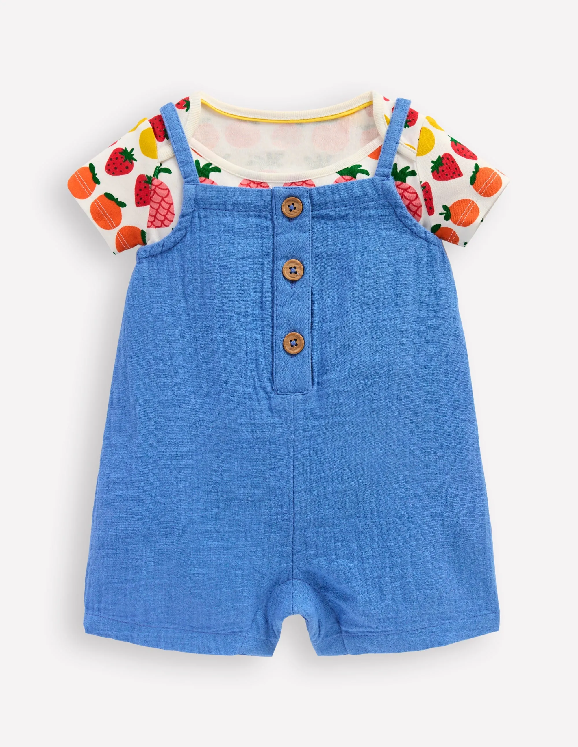 Double Cloth Dungaree Set-Peacock Plume Blue Fruit