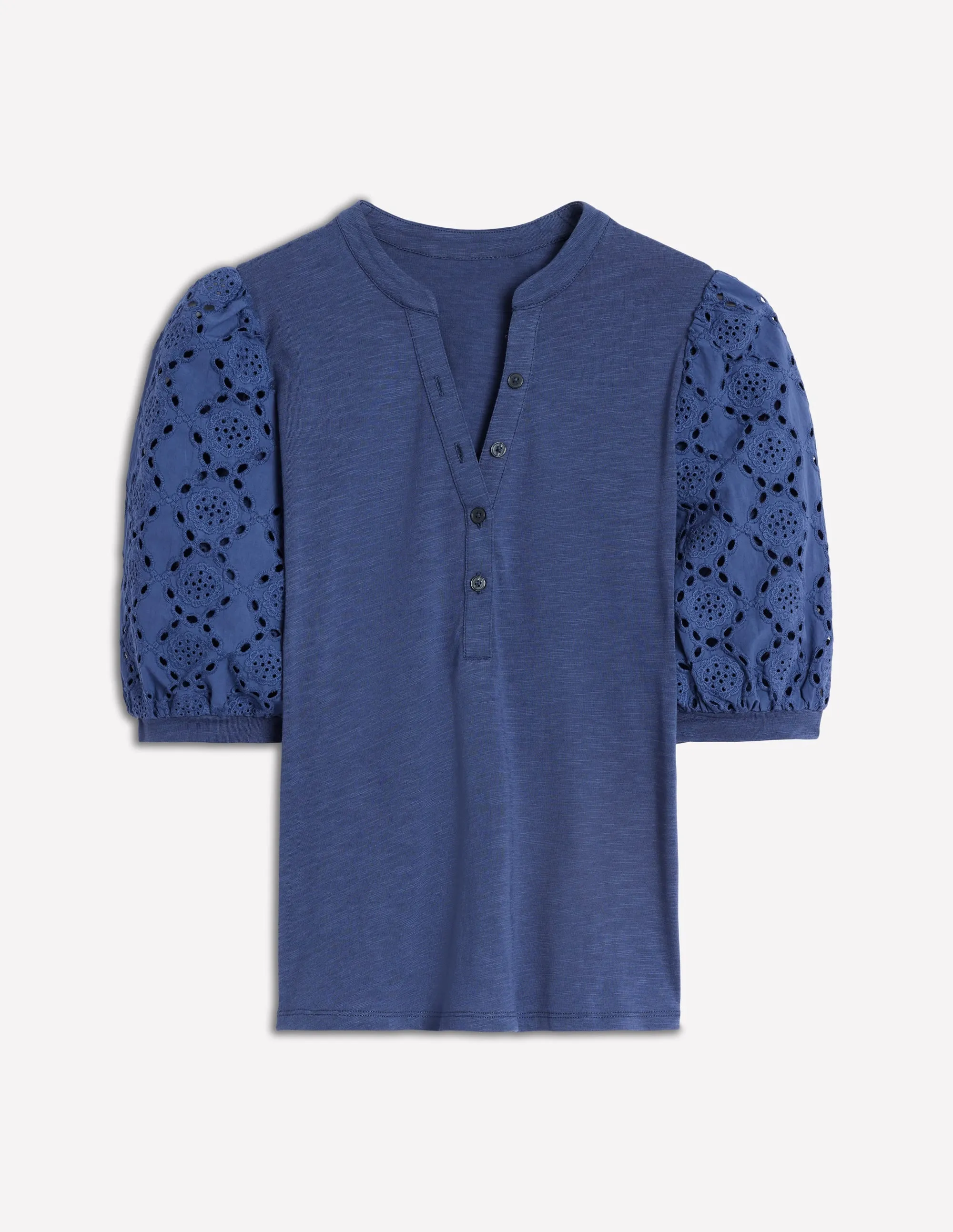 Eden Puff Sleeve Henley Top-Denim Blue