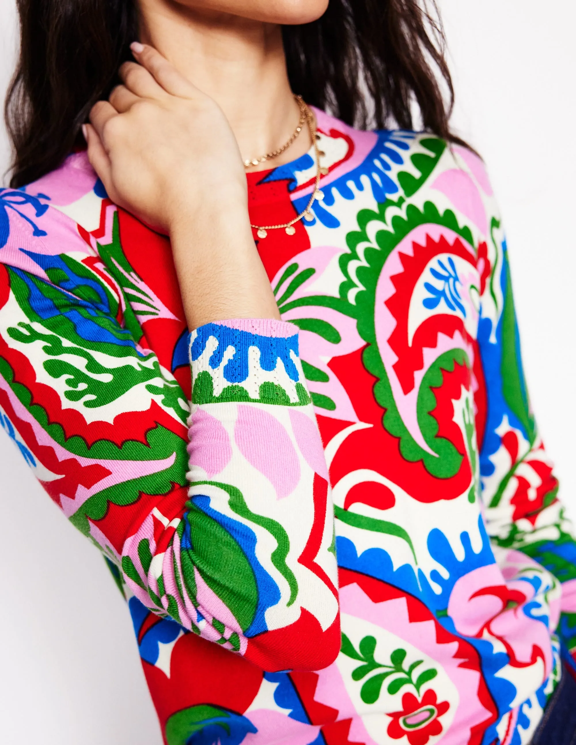 Emilia Cotton Crew Jumper-Multi. Botanical Paisley