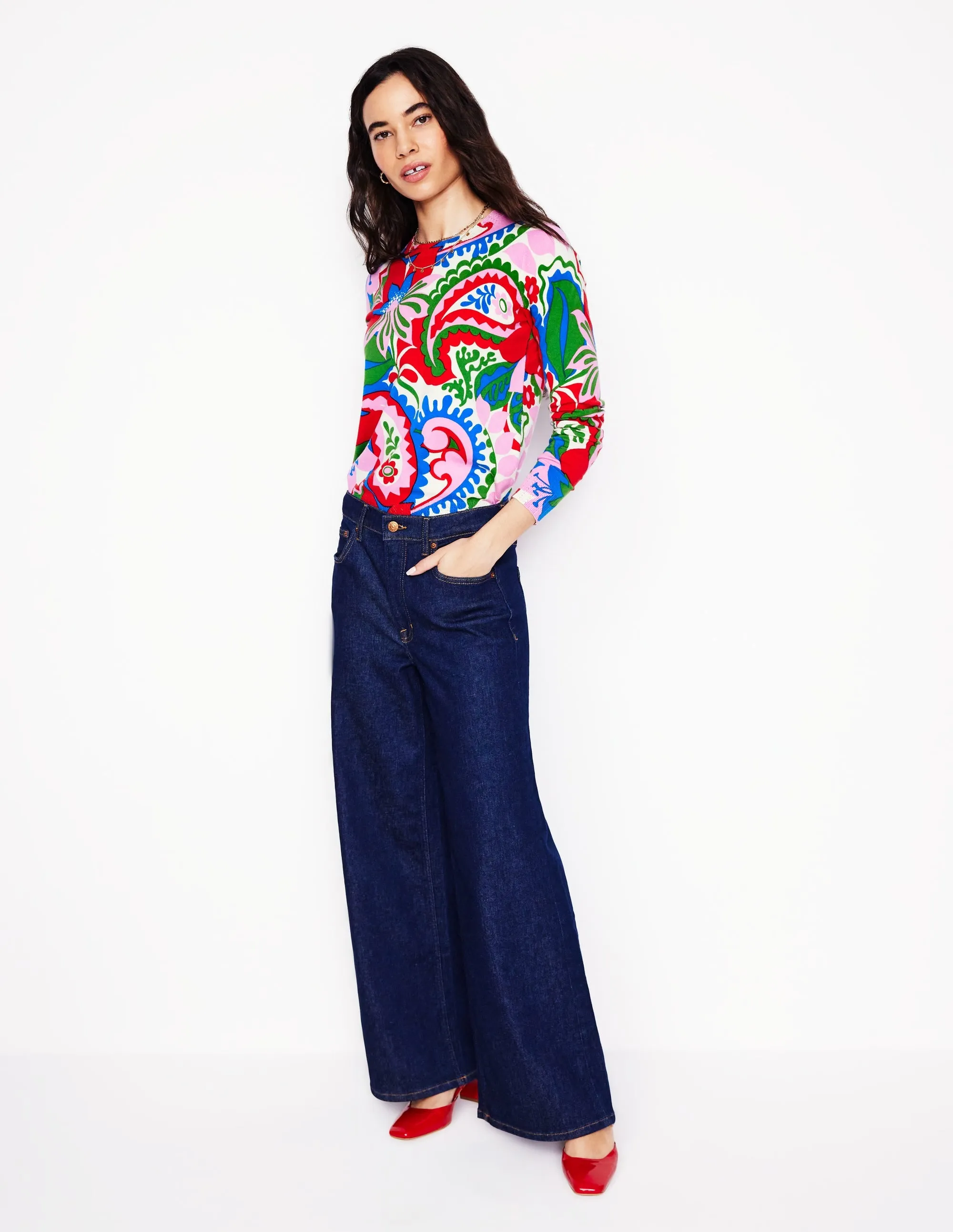 Emilia Cotton Crew Jumper-Multi. Botanical Paisley