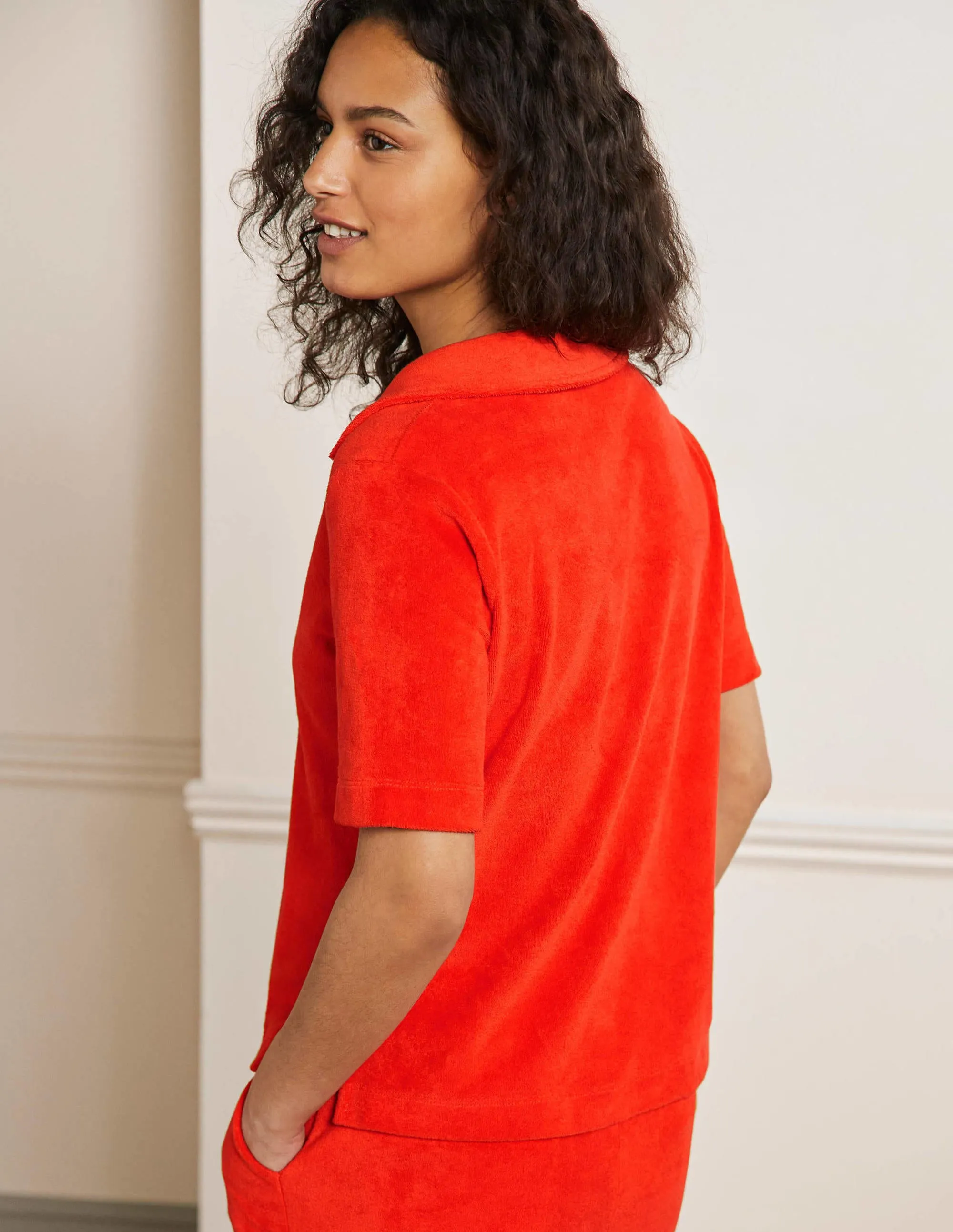 Erica Towelling Polo Top-Bright Papaya