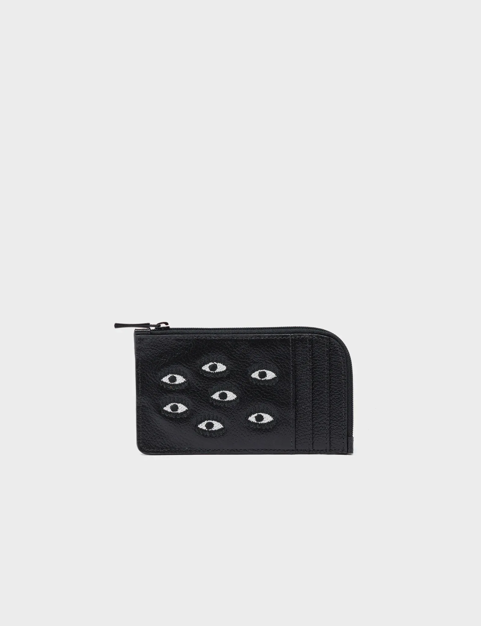Fausto Black Leather Zip-around Cardholder - All Over Eyes Embroidery
