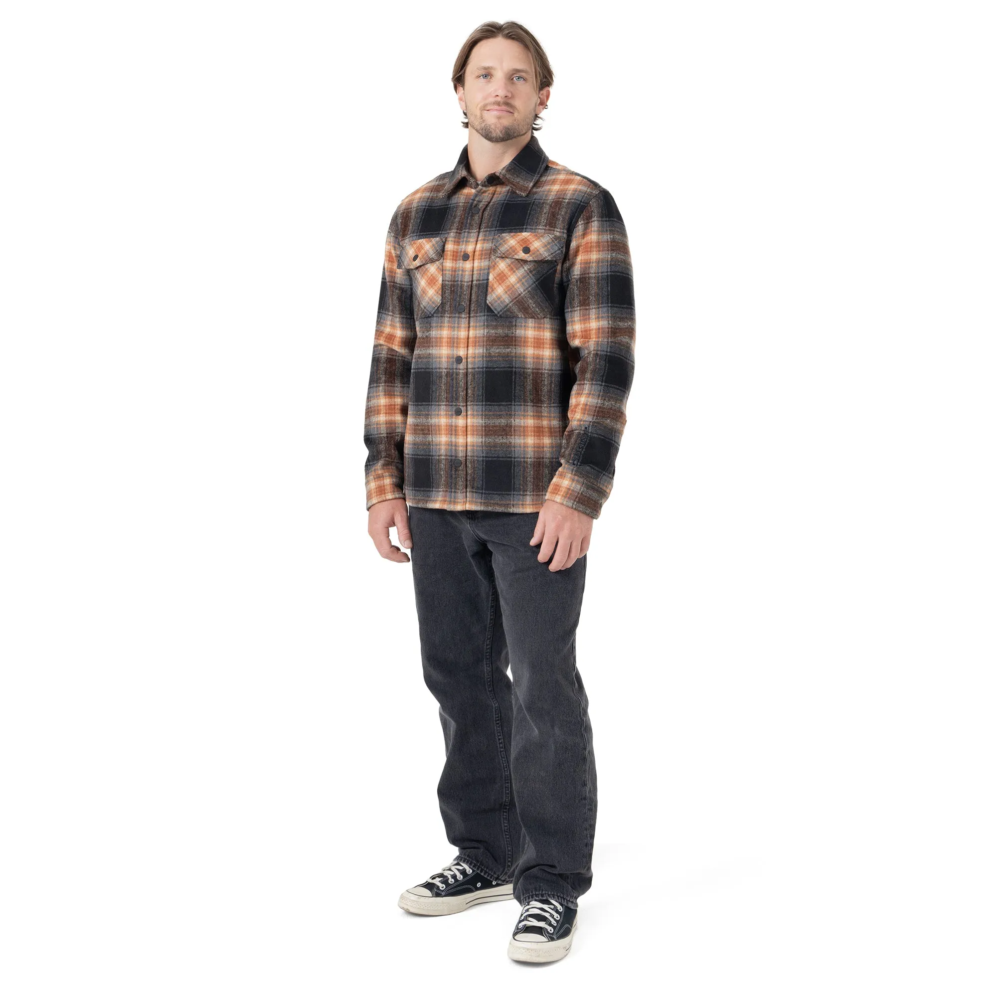 Front Snap Fleece Jacket - Orange Plaid