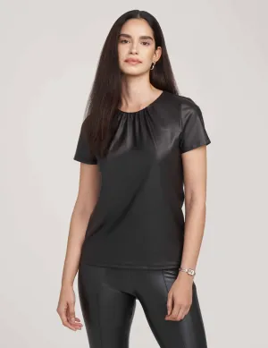 Gathered Neck Vegan Leather Tee- Sale