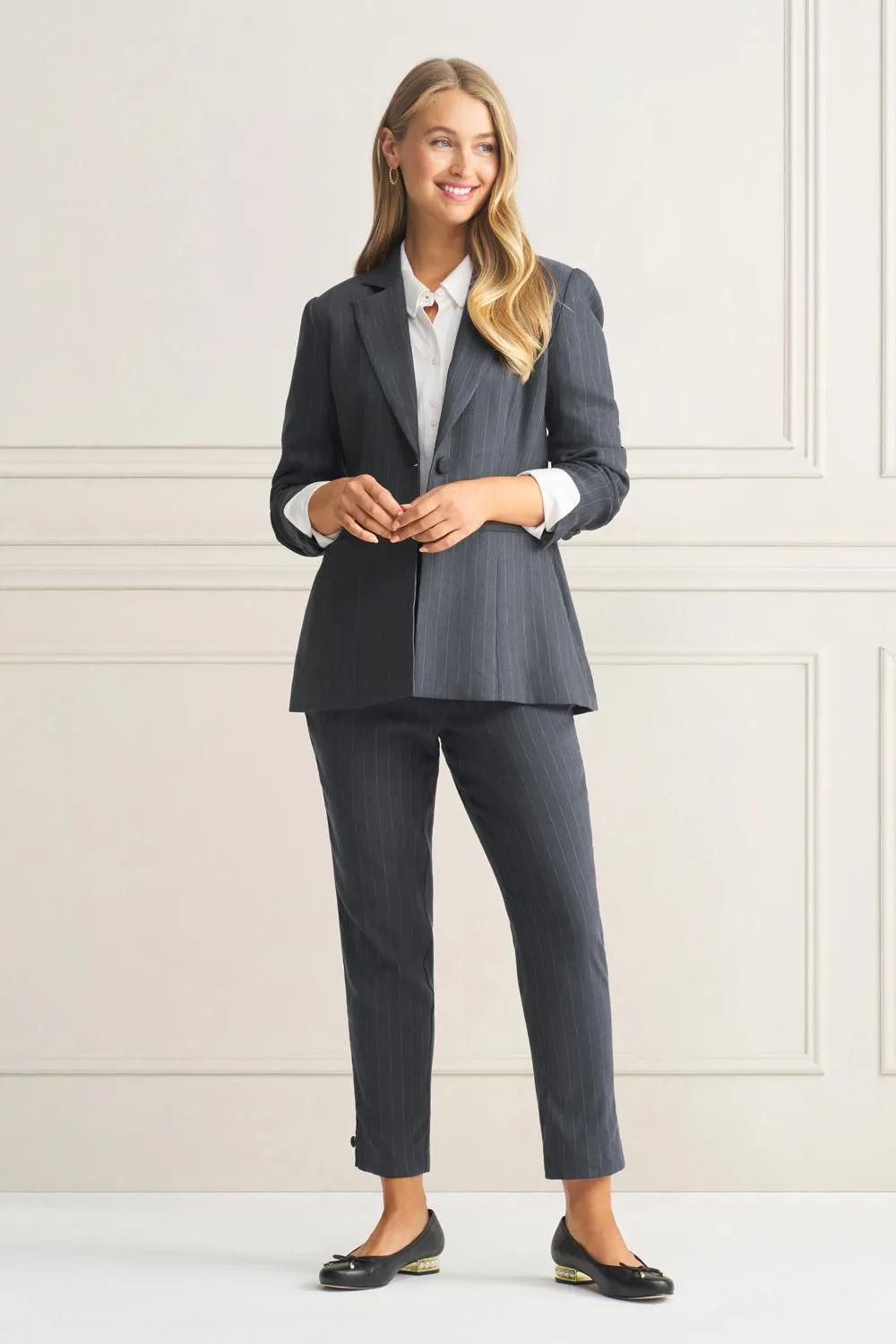 Long Line Linen Jacket - Charcoal Pinstripe