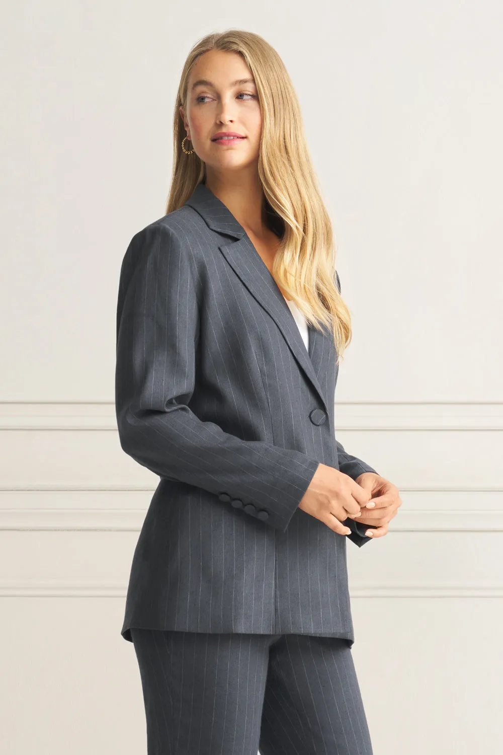 Long Line Linen Jacket - Charcoal Pinstripe