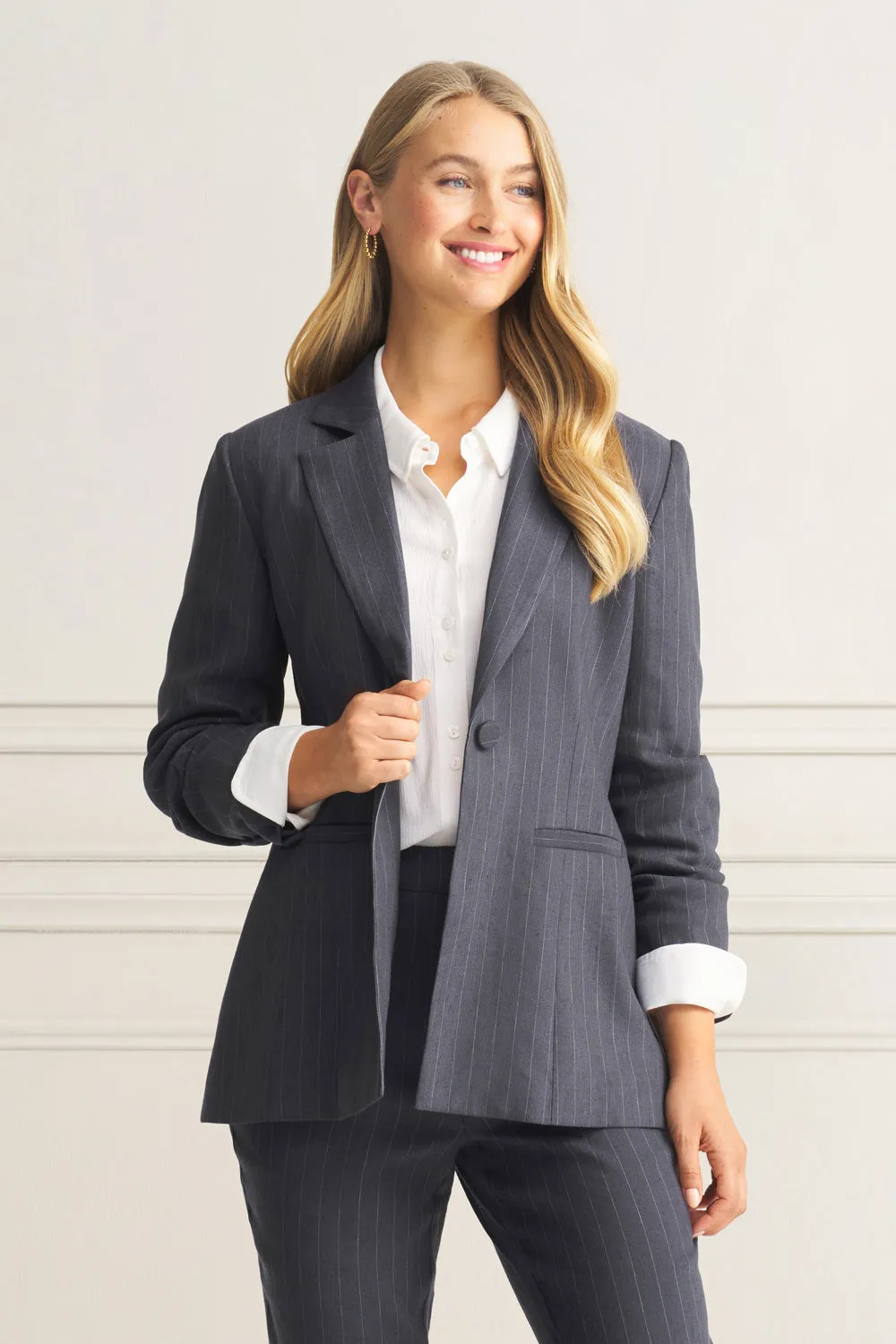 Long Line Linen Jacket - Charcoal Pinstripe