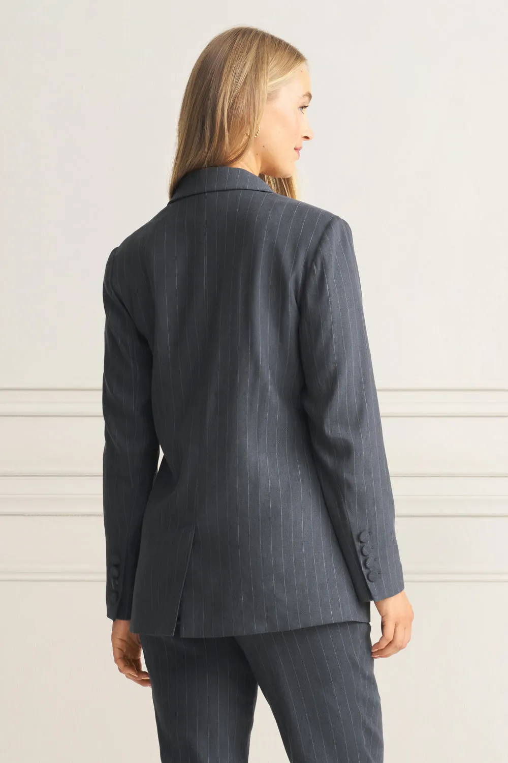Long Line Linen Jacket - Charcoal Pinstripe