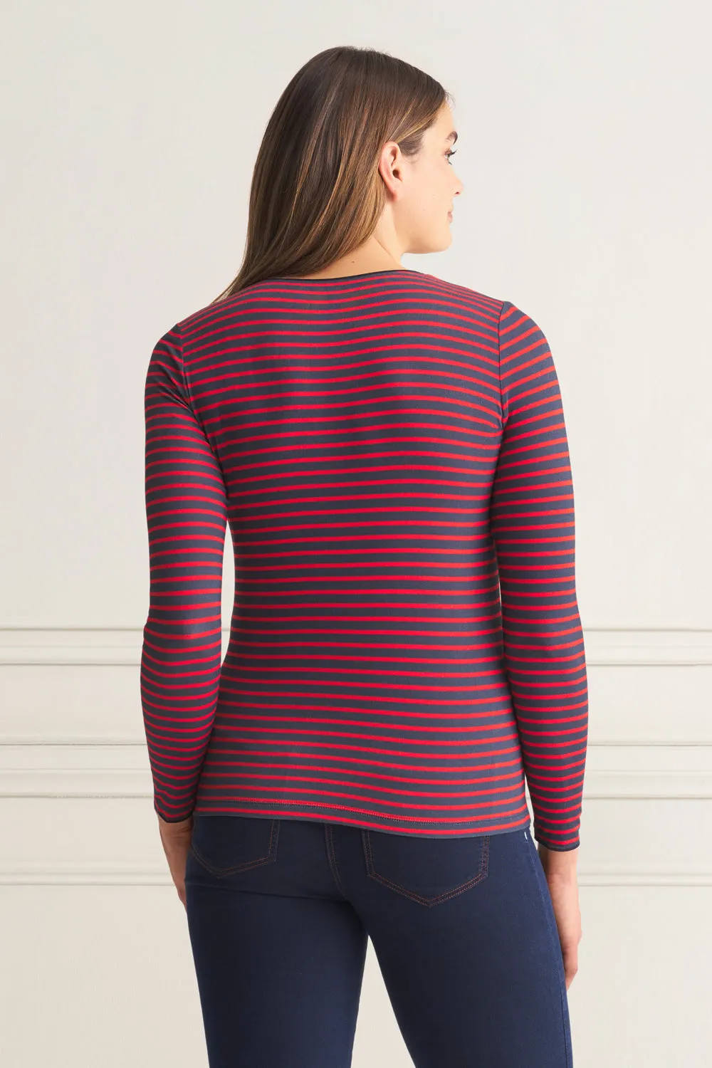 Long Sleeve Crew Neck Top - Red & Navy Stripe