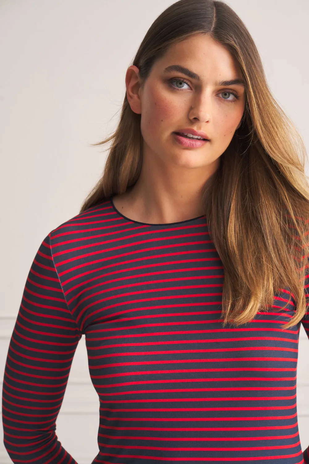 Long Sleeve Crew Neck Top - Red & Navy Stripe