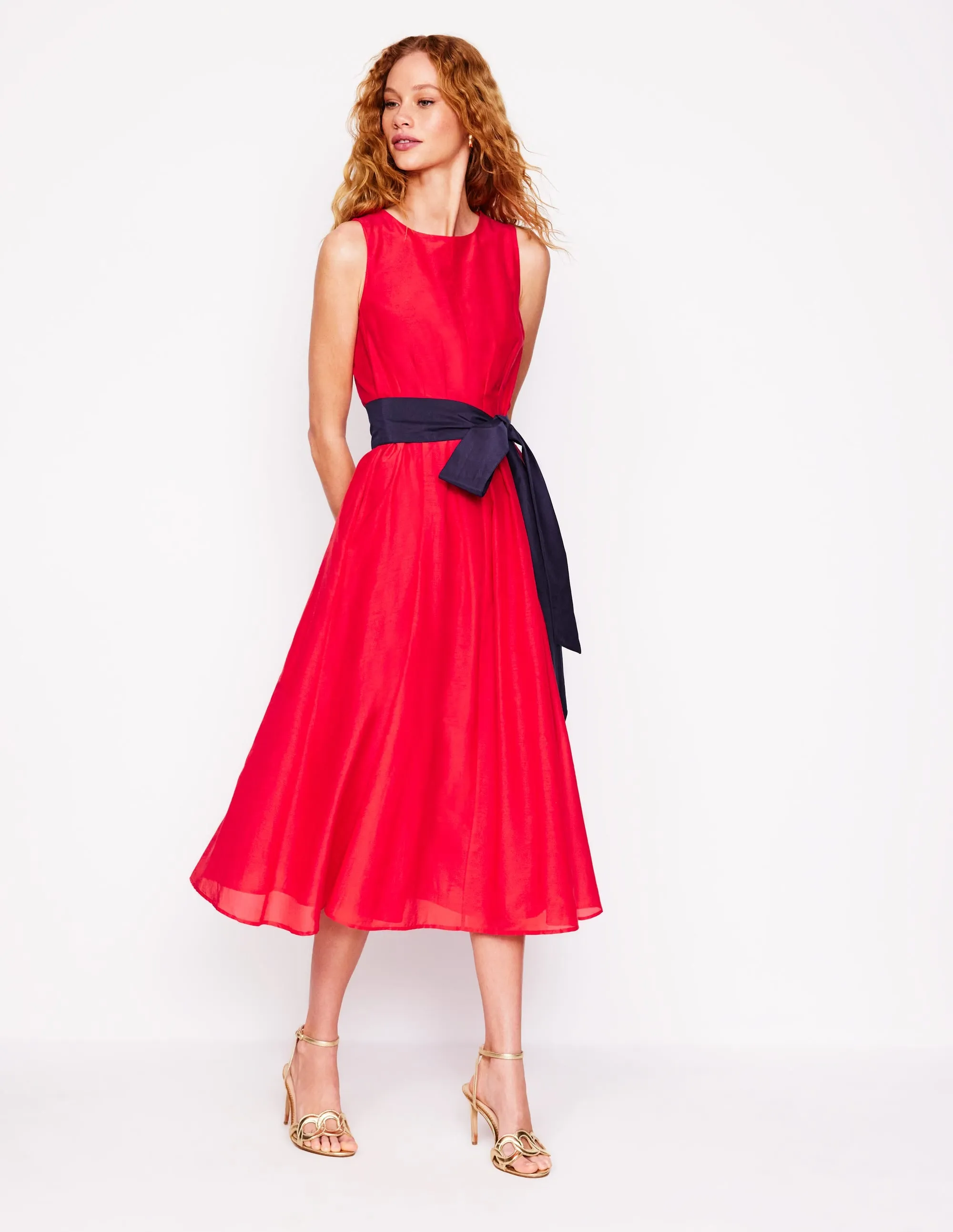 Pleated Sleeveless Dress-Poppy Red