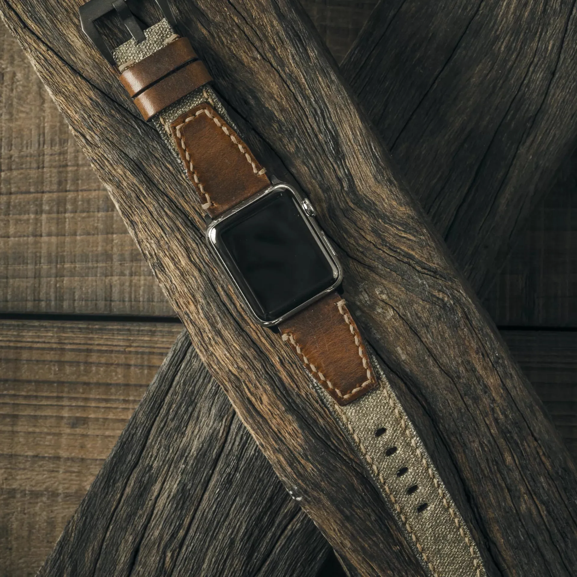 Salt & Pepper Swiss Army Rucksack Handmade Strap. Brown Leather (for Apple Watch)