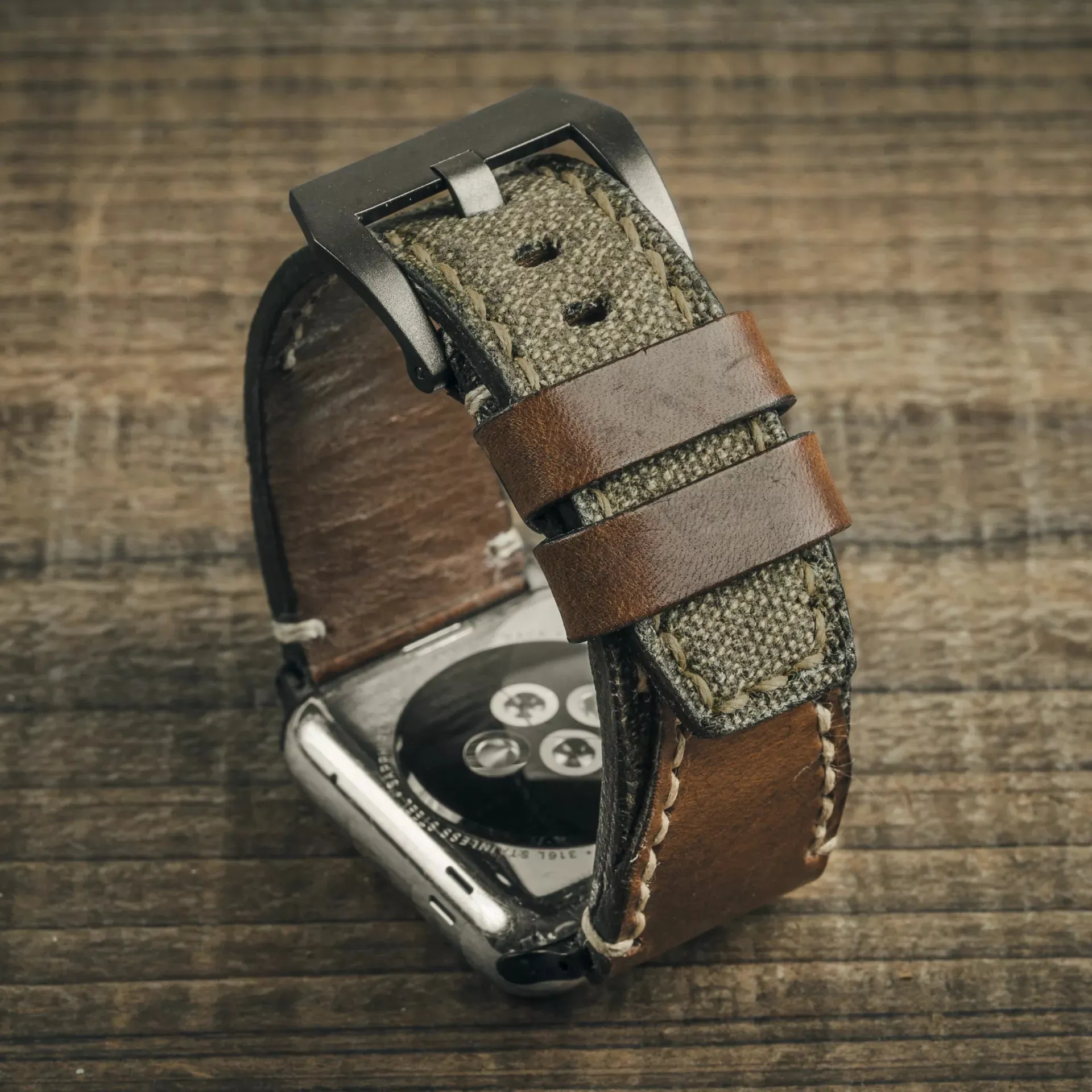 Salt & Pepper Swiss Army Rucksack Handmade Strap. Brown Leather (for Apple Watch)