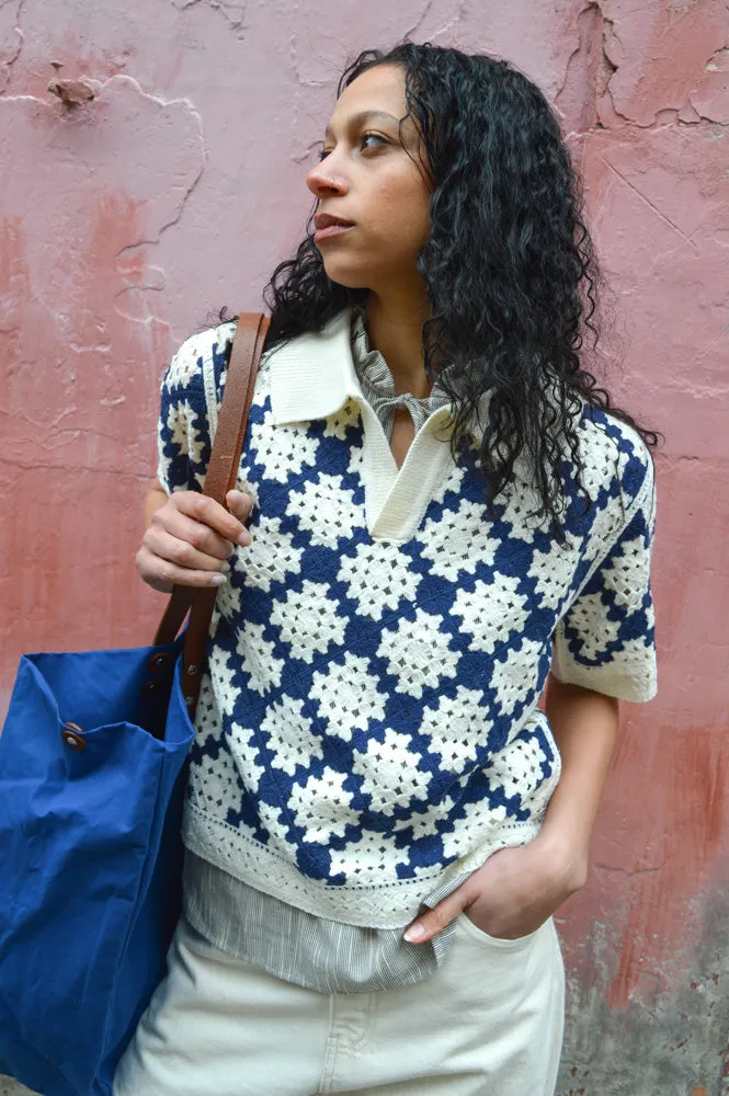 Suncoo Perisol Blue and Cream Crocheted Top