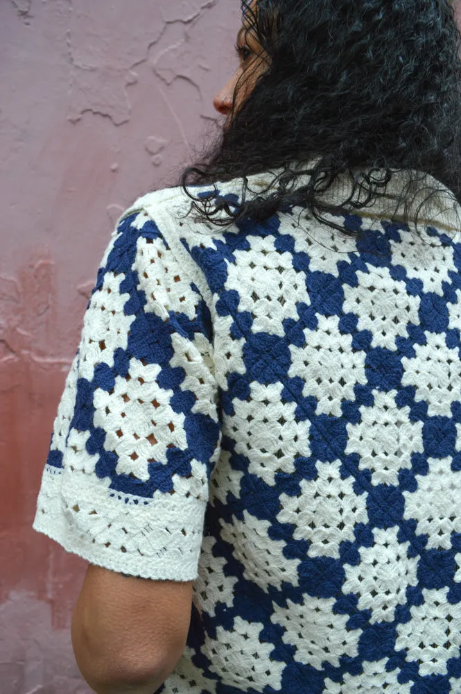 Suncoo Perisol Blue and Cream Crocheted Top