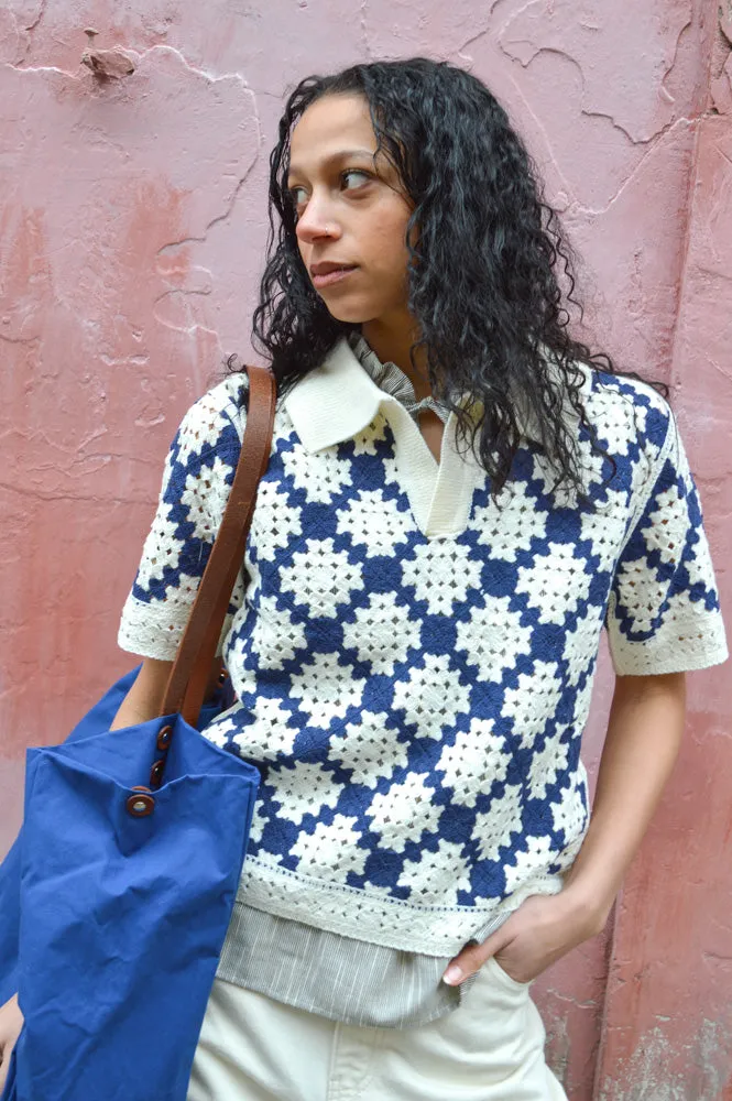 Suncoo Perisol Blue and Cream Crocheted Top