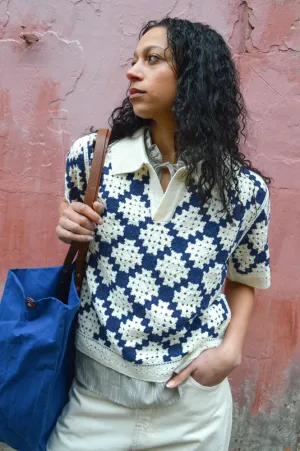 Suncoo Perisol Blue and Cream Crocheted Top
