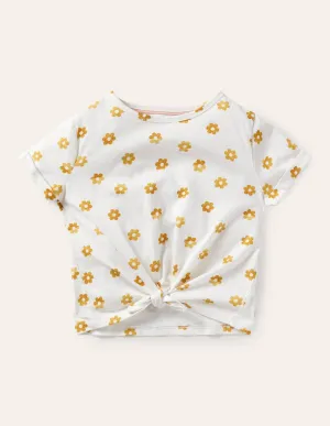 Tie-front T-shirt-White Foil Daisy